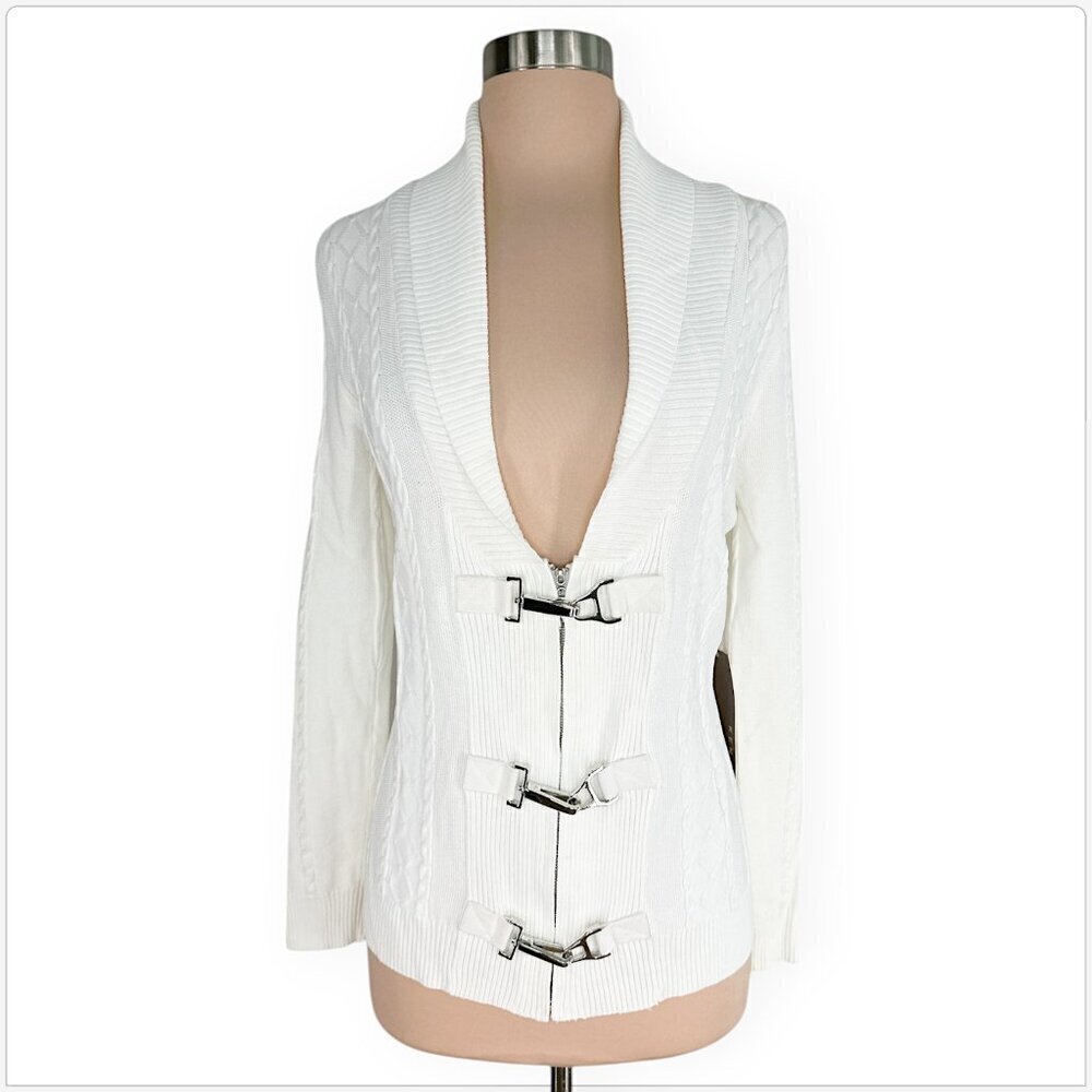 Kenar White Cableknit Zip Front Silver Metal Clasp Cardigan Sweater NWT NEW S